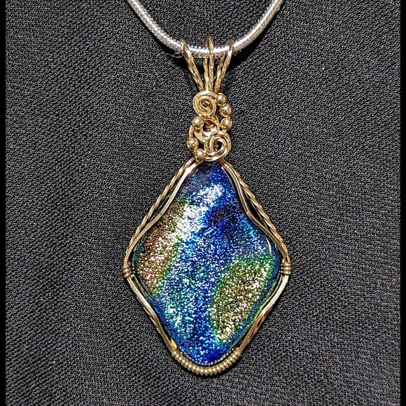 Precious SIGNED Blue, Yellow Dichroic 14k Gold-Filled Wire-Wrapped Glass Pendant - Picture 2 of 3